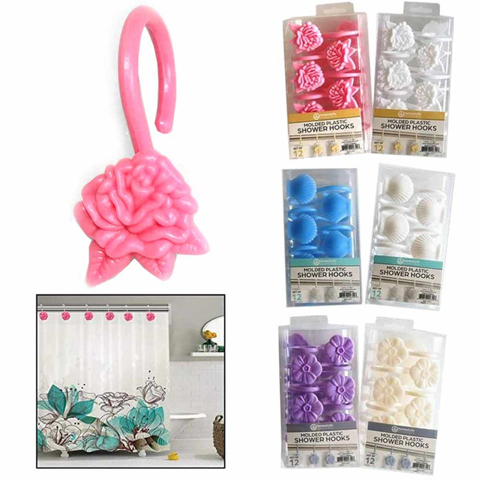 24 Pc (2pk) Decorative Plastic Molded Shower Hooks Rod Curtain Rings Bathroom