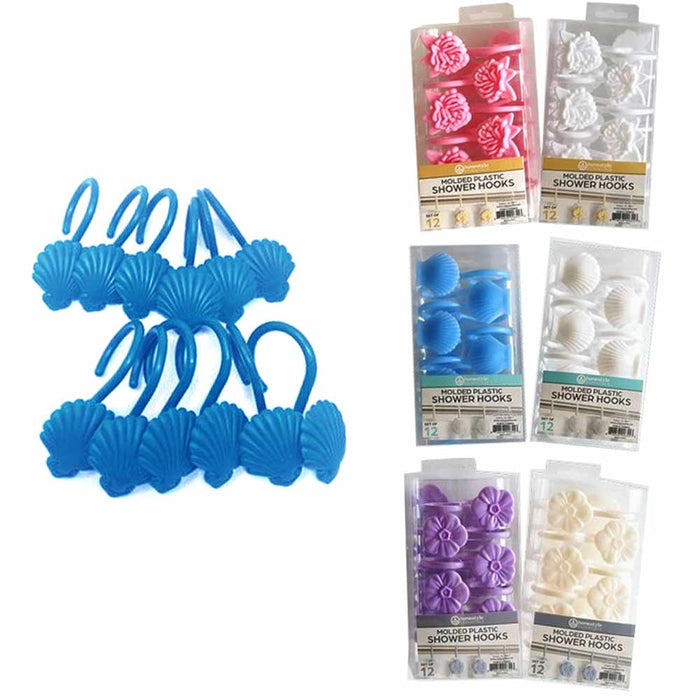 24 Pc (2pk) Decorative Plastic Molded Shower Hooks Rod Curtain Rings Bathroom