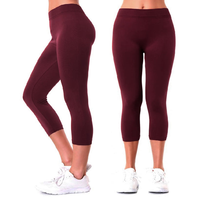 Women Seamless One Size Capri Leggings Footless Stretch Yoga Pants Burgundy