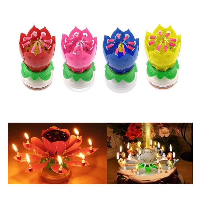 1 X Lotus Flower Musical Birthday Candle Rotating Spin Magic Cake Topper Party