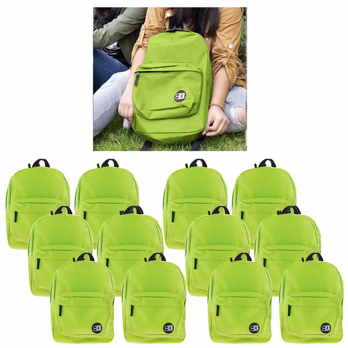 12 Pc Wholesale Lime Green Backpack 17" Travel Sports Back Pack School Book Bag