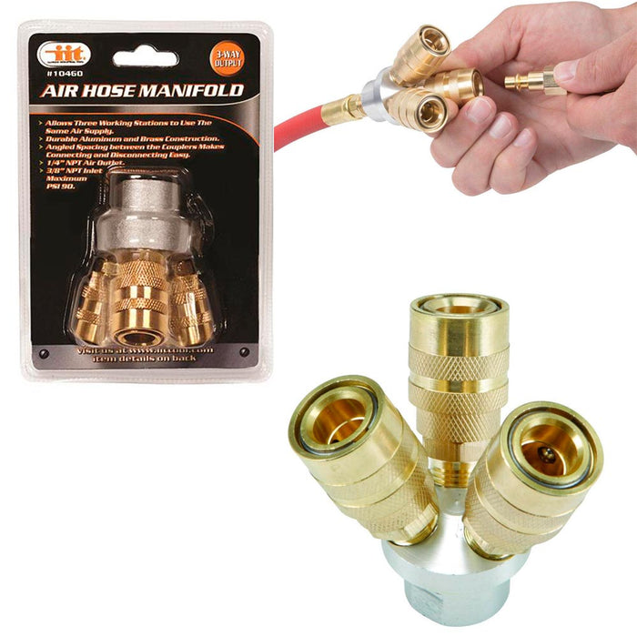 3 Way Quick Coupling Air Hose Splitter Manifold Quick Connector Brass Aluminum