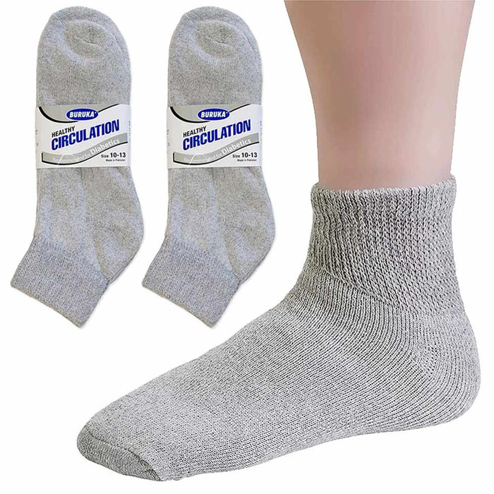 6 Pairs Diabetic Crew Circulatory Socks Health Cotton Ankle Quarter Grey 10-13