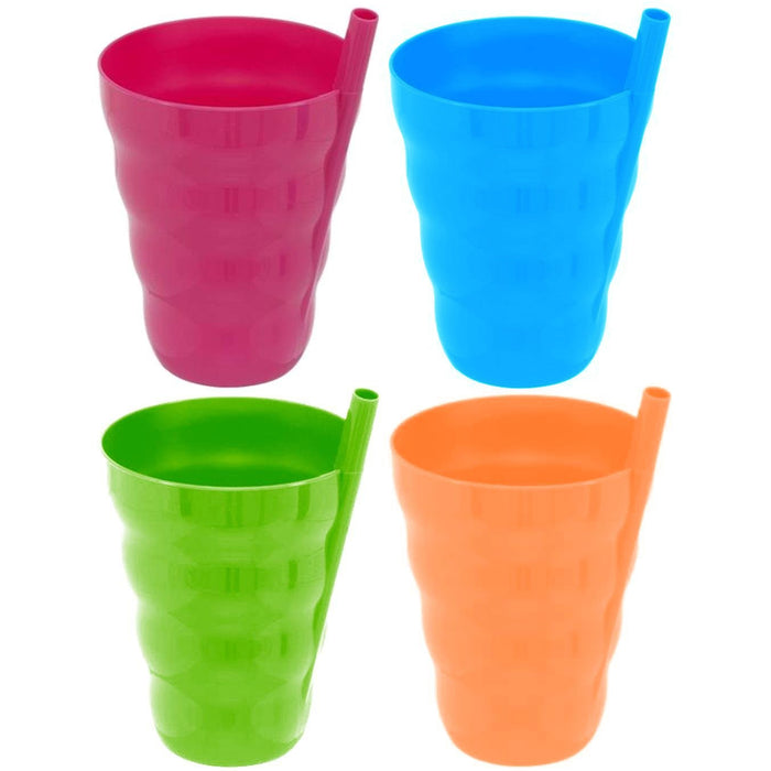 4 Pc Plastic Drinking Cups Built In Straw Children Sip Mug Drink Kitchen 11oz