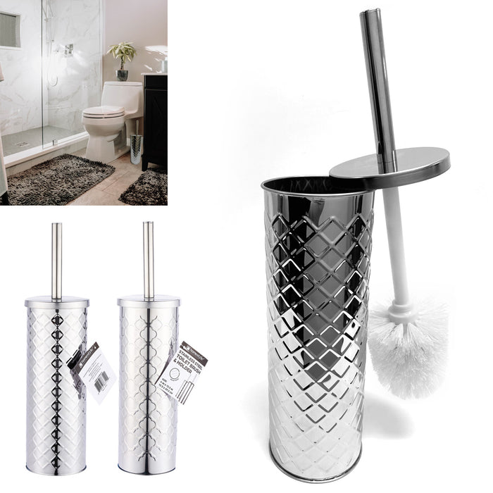 2 Toilet Brush Holder Stainless Steel Bathroom Bowl Scrubber Brush Stiff Bristle