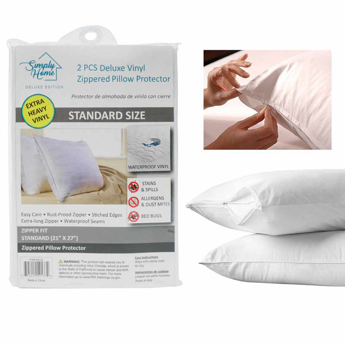 2 Pc Standard Pillow Case Zippered Cover Soft Vinyl Luxury Water Resistant White