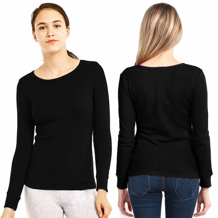 3 Women Thermal Long Sleeve Solid Waffle Knit T-Shirt Top Basic Black Size S M L