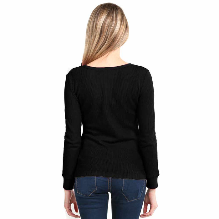 3 Women Thermal Long Sleeve Solid Waffle Knit T-Shirt Top Basic Black Size S M L