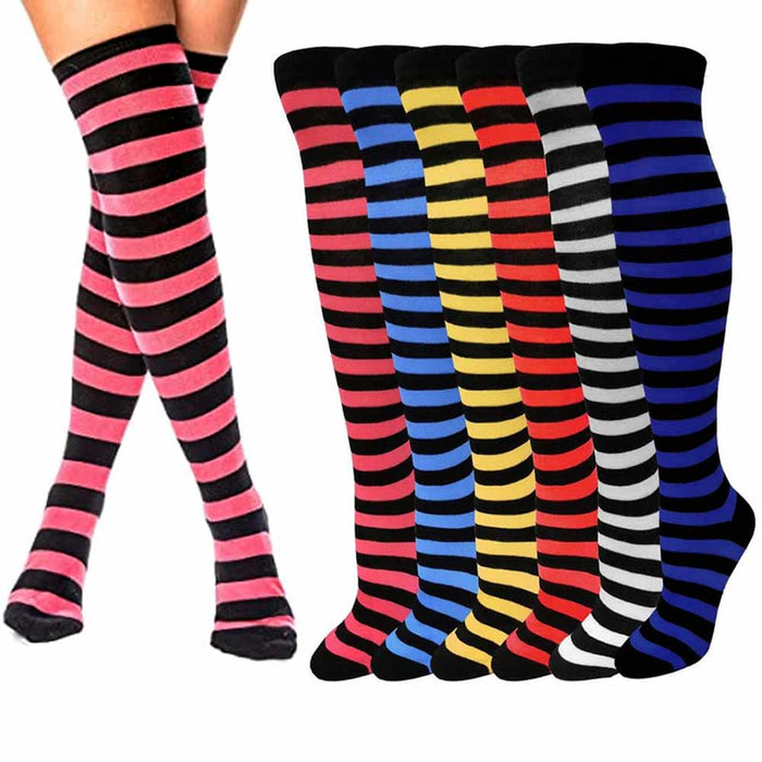 6 Pair Women Girls Long Socks Striped Over The Knee Thigh High Stocking 9-11