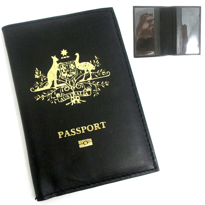 Australia Genuine Leather Passport Cover Holder Black Wallet Case Card Protector