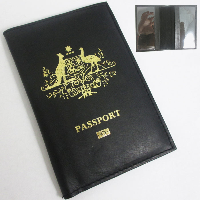 Australia Genuine Leather Passport Cover Holder Black Wallet Case Card Protector