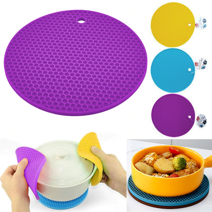 4 Pc Multi Use Silicone Trivets Non-Slip 7" Round Mat Pad Pot Holder Oven Mitt