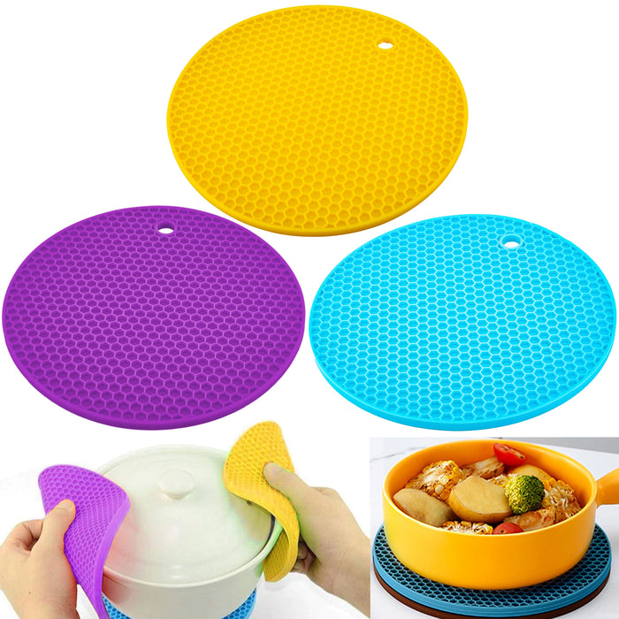 4 Pc Multi Use Silicone Trivets Non-Slip 7" Round Mat Pad Pot Holder Oven Mitt