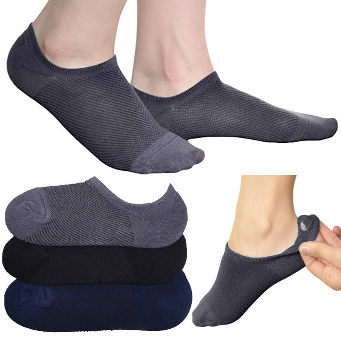 3 Pairs Invisible No Show Socks Cotton Non Slip Grip Ankle Low Cut Assorted 9-11