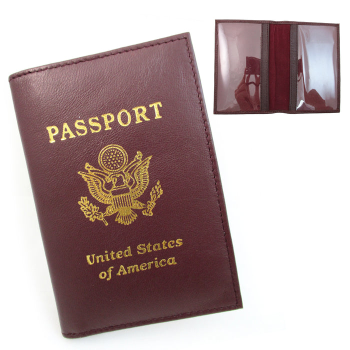 GENUINE BURGUNDY LEATHER PASSPORT COVER HOLDER CASE WALLET TRAVEL US GOLD EMBLEM