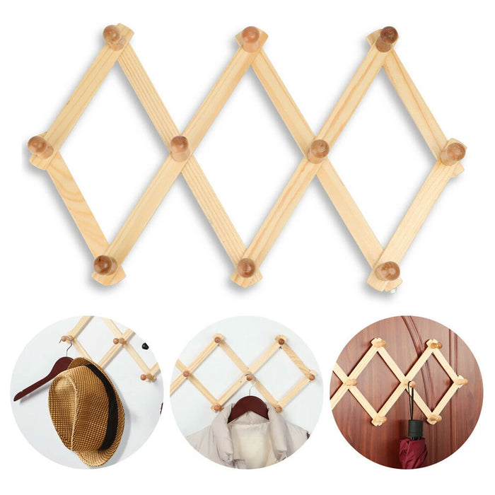 1 Wooden Expandable Coat Rack Hanger Wall Mounted Accordion Hook Hats Mugs Coats