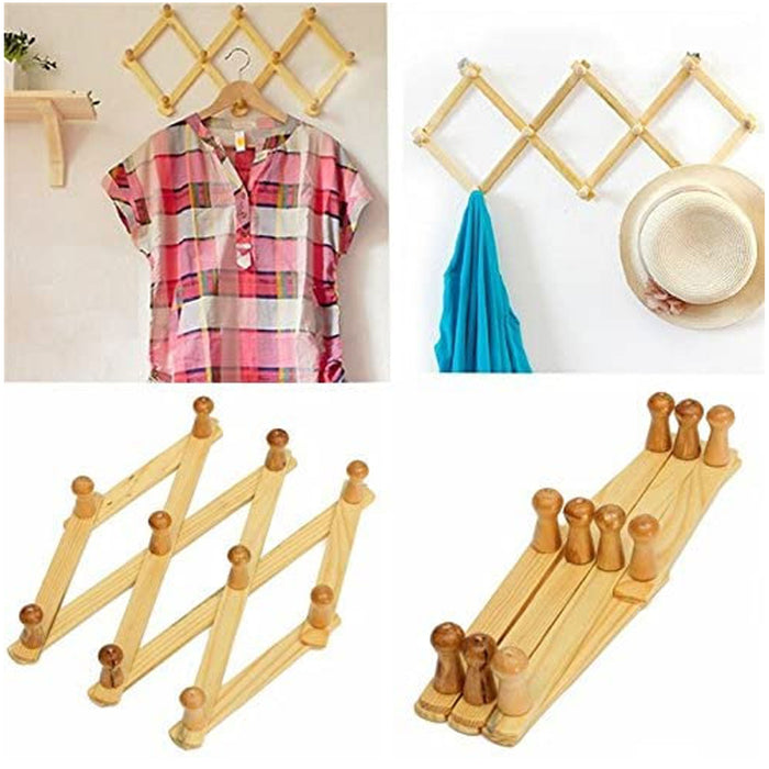 1 Wooden Expandable Coat Rack Hanger Wall Mounted Accordion Hook Hats Mugs Coats