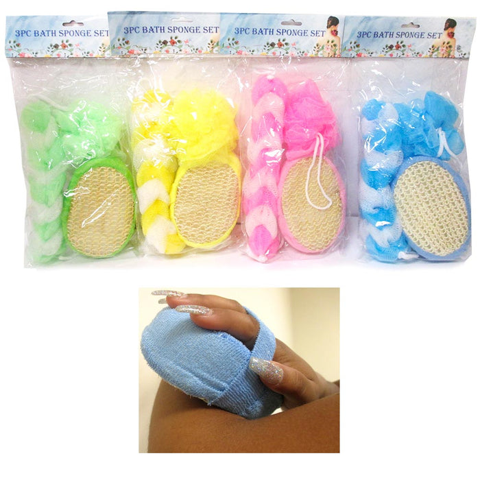 3pc Set Bath Shower Sponge Set Loofah Back Strap Exfoliating Body Brush Scrubber