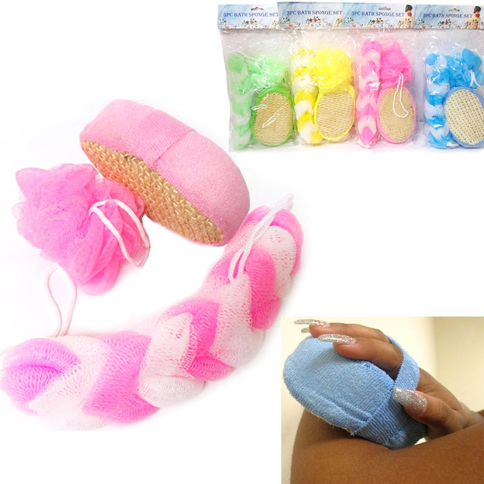 3pc Set Bath Shower Sponge Set Loofah Back Strap Exfoliating Body Brush Scrubber