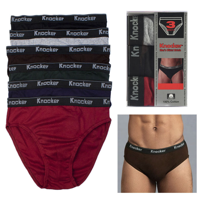 3 Pack 100% Cotton Mens Bikinis Briefs Underwear Solid Knocker Size Large 36-38