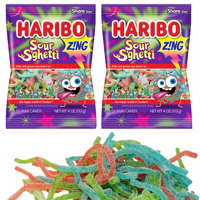 2 Bags Haribo Sour S'Ghetti Gummi Candy Gummy Worm Zing Soft Chewy Candies Treat