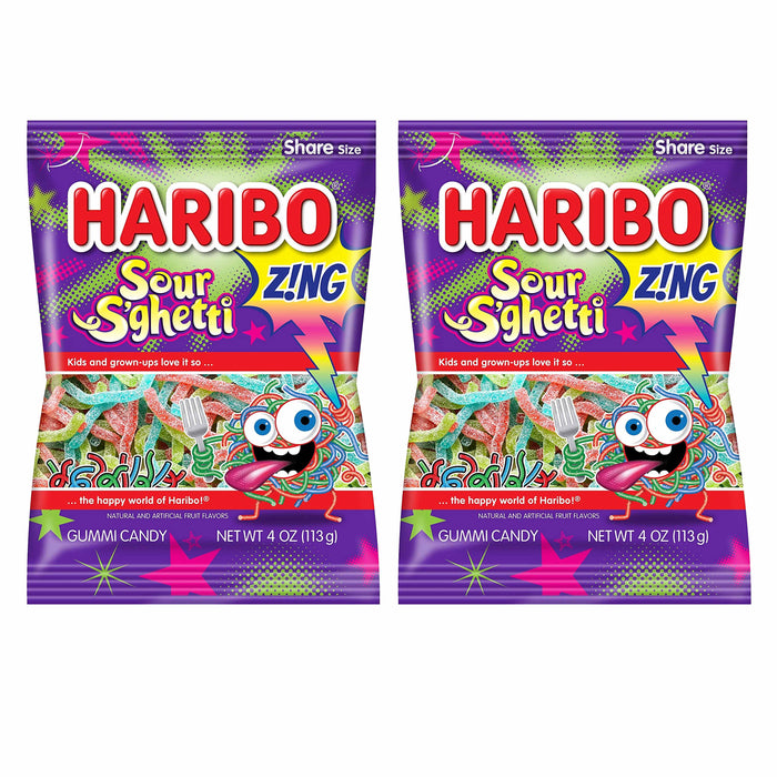 2 Bags Haribo Sour S'Ghetti Gummi Candy Gummy Worm Zing Soft Chewy Candies Treat