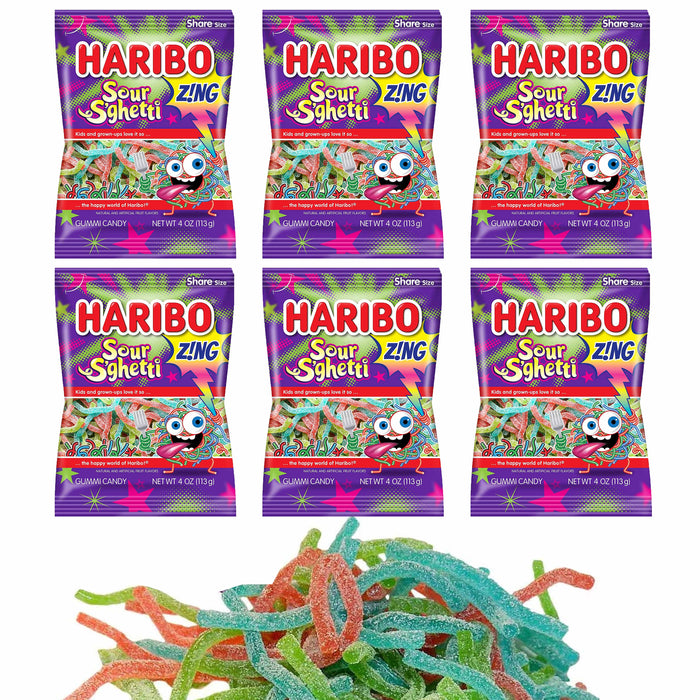 6 Bags Haribo Sour S'Ghetti Gummi Candy Gummy Chewy Candies Gummies Sweet Zing