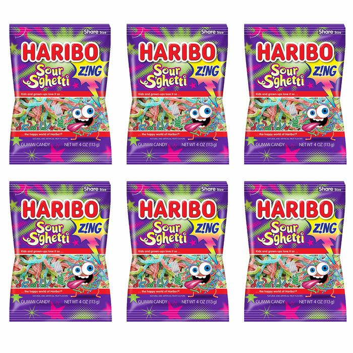 6 Bags Haribo Sour S'Ghetti Gummi Candy Gummy Chewy Candies Gummies Sweet Zing