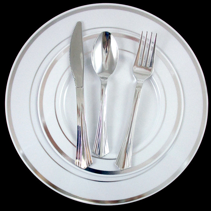 180 People Dinner Wedding Disposable Plastic Plates Silverware Silver Rim Party