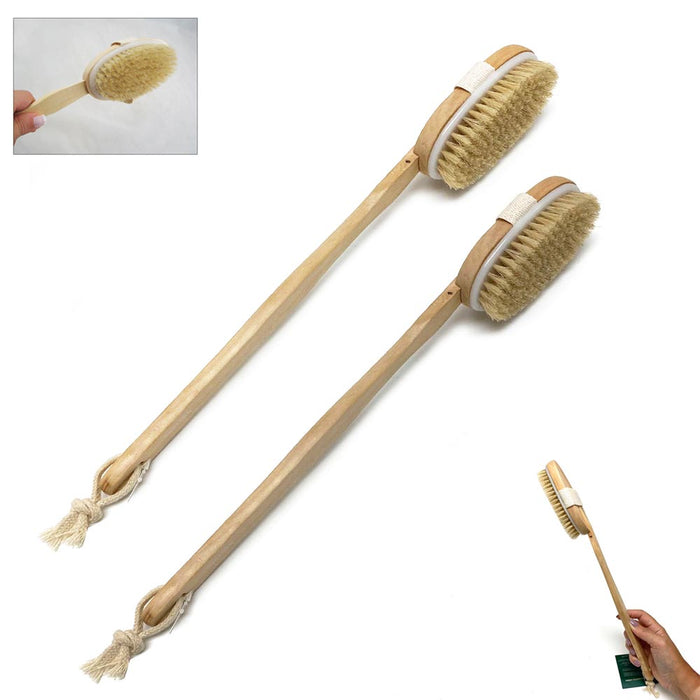 2 Back Body Shower Bath Brush Soft Natural Bristles Wood Long Handle Removable