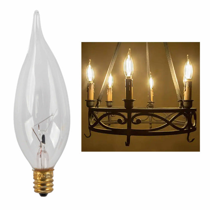 12 Pc Clear Light Bulbs 40W 120V Candelabra Candle Flame Tip Chandelier Lighting