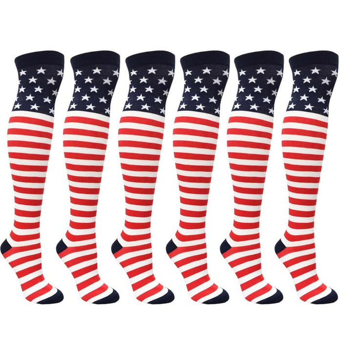 6 Pair American Flag Knee High Socks USA Women Girls Red White Blue Stripes 9-11