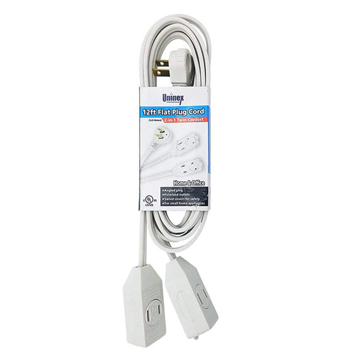 1 Pc Twin 3-Outlet Tap 12Ft 2 Prong Cordset Flat Angle Plug Extension Cord White