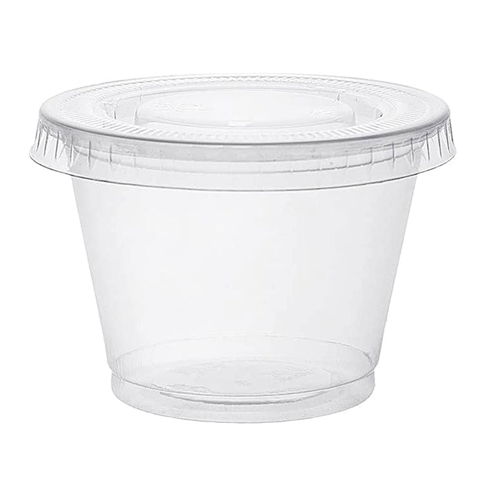 32 Ct Mini Cups with Lids 2.5oz Plastic Ramekin Sauce Shot Glasses Portion