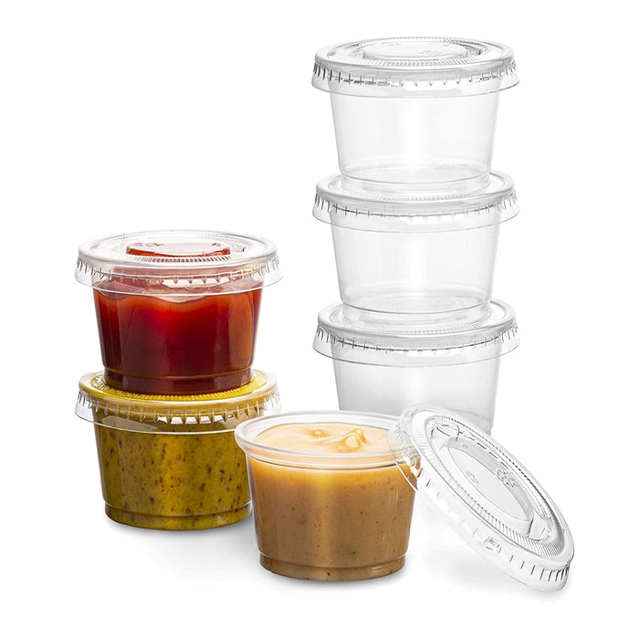 32 Ct Mini Cups with Lids 2.5oz Plastic Ramekin Sauce Shot Glasses Portion