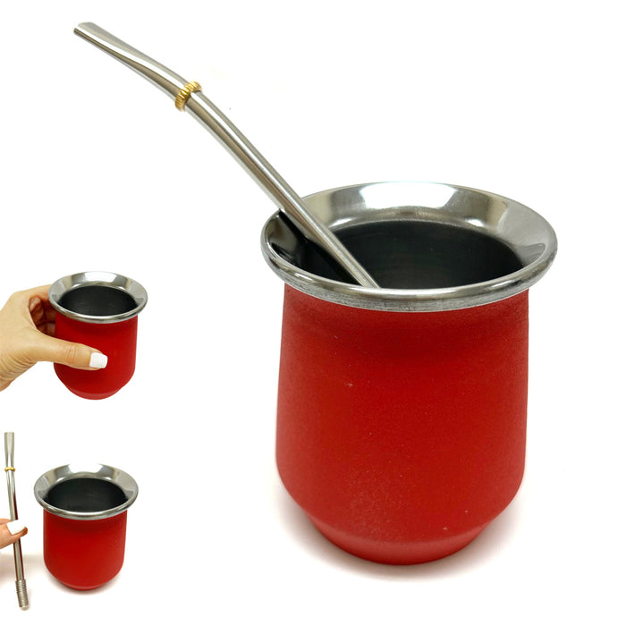 Argentina Yerba Mate Cup Tea Gourd Stainless Steel Bombilla Set Double Wall Red