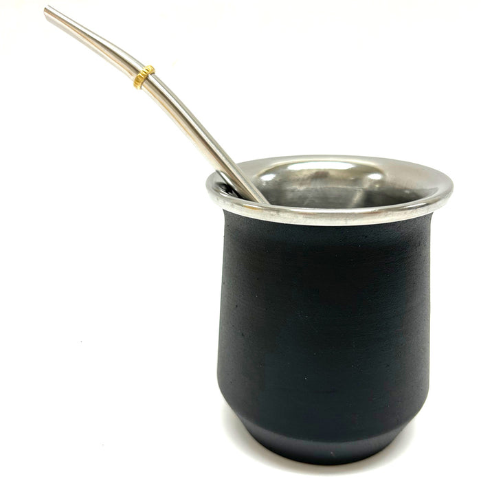 Argentina Mate Tea Cup Double Wall Bombilla Straw Set Stainless Steel Gourd Black