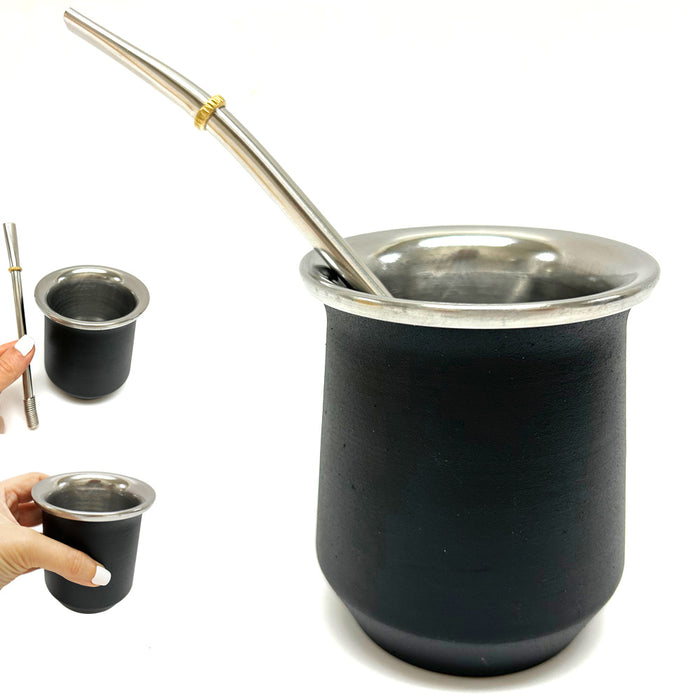 Argentina Mate Tea Cup Double Wall Bombilla Straw Set Stainless Steel Gourd Black