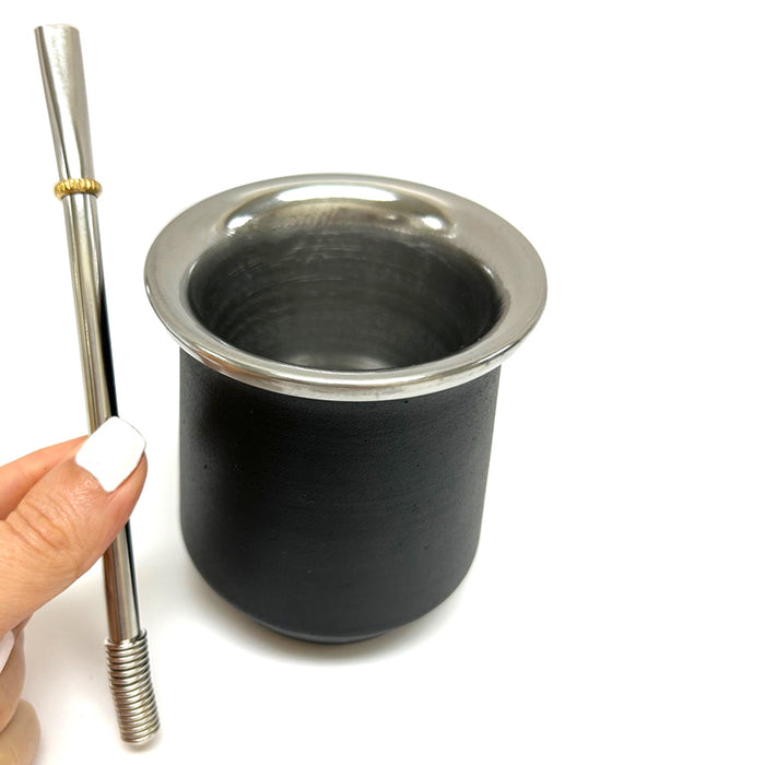 Argentina Mate Tea Cup Double Wall Bombilla Straw Set Stainless Steel Gourd Black