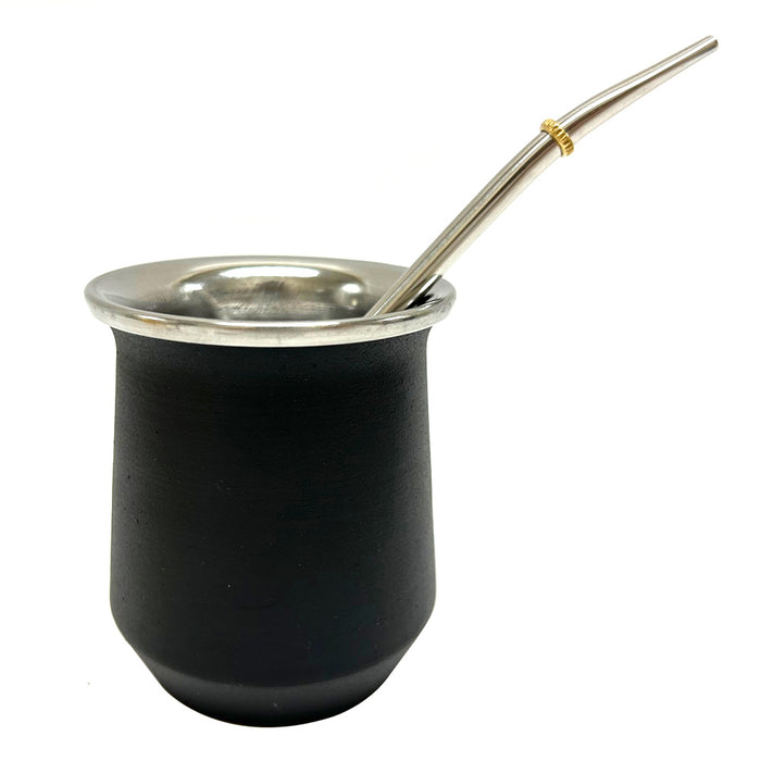 Argentina Mate Tea Cup Double Wall Bombilla Straw Set Stainless Steel Gourd Black