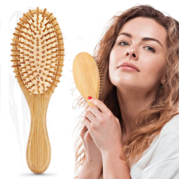 2 Bamboo Bristle Hair Brushes Natural Wooden Paddle Brush Oval Spa Scalp Massage