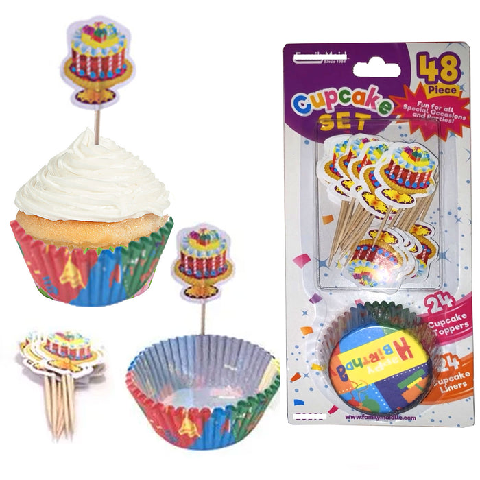 96 Pc Happy Birthday Cupcake Liners Toppers Wrapper Baking Cups Party Decoration