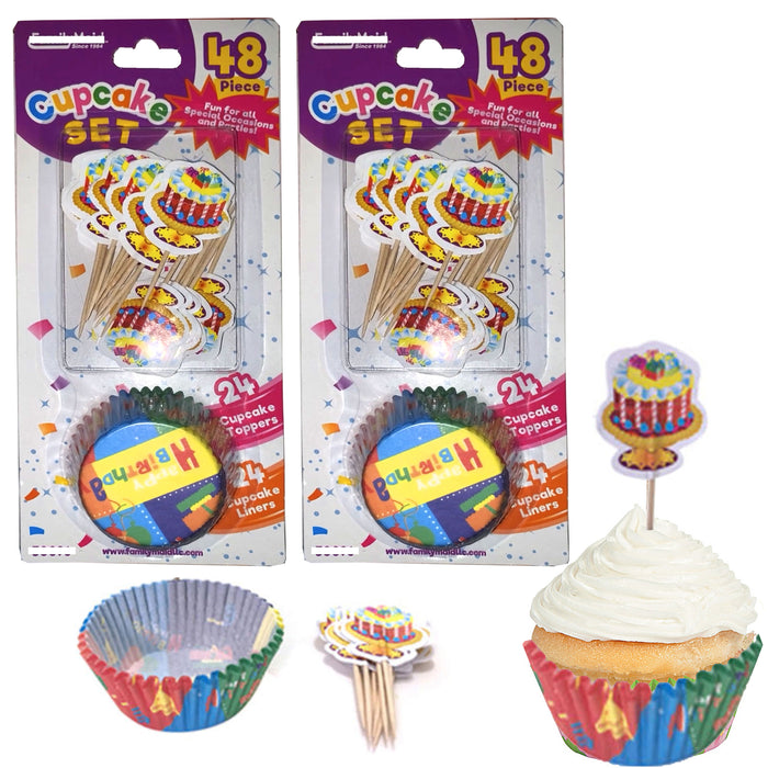 96 Pc Happy Birthday Cupcake Liners Toppers Wrapper Baking Cups Party Decoration