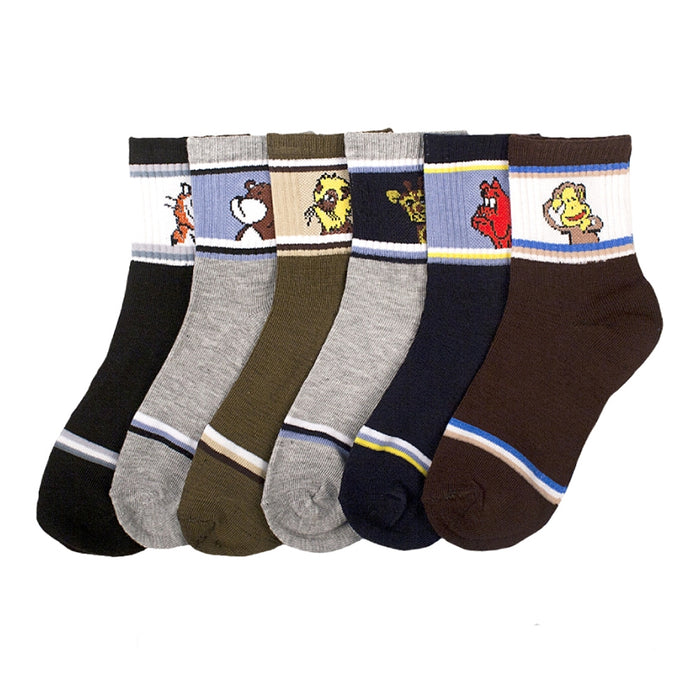 6 Pair Boys Crew Socks Kids Shoe Size 4-6 Years Cartoon Patterned Design School