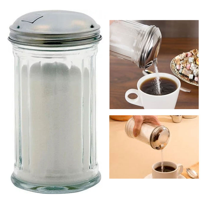 2 Pk 12oz Glass Sugar Dispenser Pourer Cheese Shaker Cream Clear Jar Steel Lid