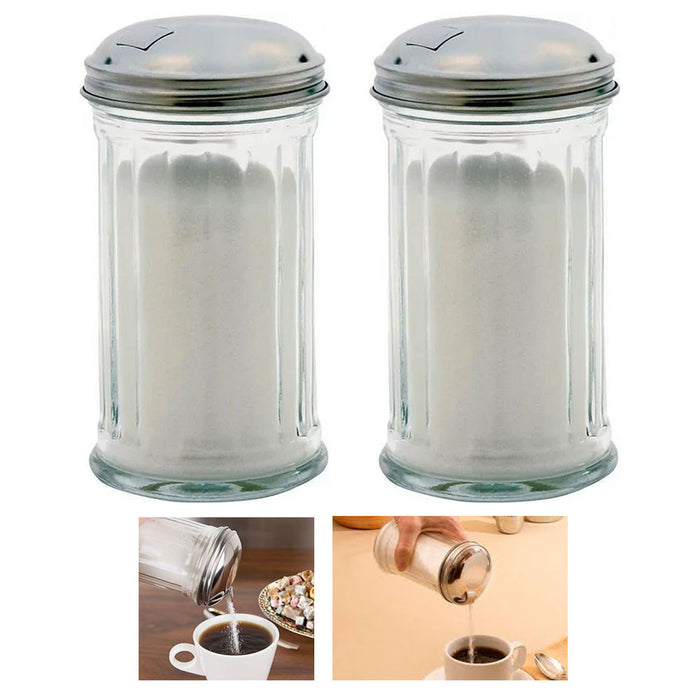 2 Pk 12oz Glass Sugar Dispenser Pourer Cheese Shaker Cream Clear Jar Steel Lid