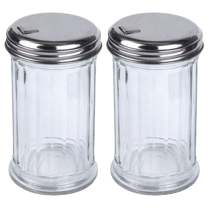 2 Pk 12oz Glass Sugar Dispenser Pourer Cheese Shaker Cream Clear Jar Steel Lid