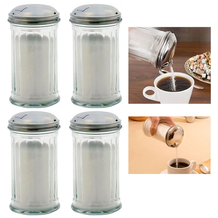 4 Pk Glass Sugar Shaker Dispenser 12oz Parmesan Cheese Clear Jar Pour Steel Lid