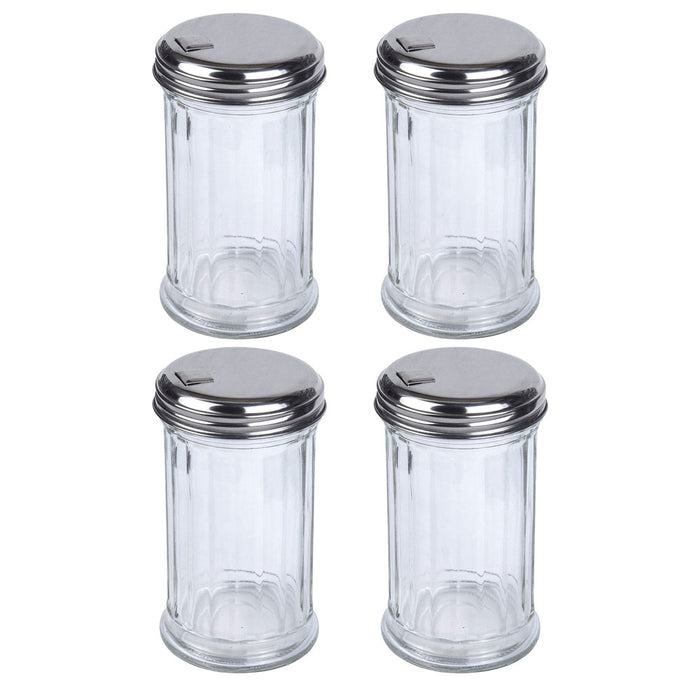 4 Pk Glass Sugar Shaker Dispenser 12oz Parmesan Cheese Clear Jar Pour Steel Lid