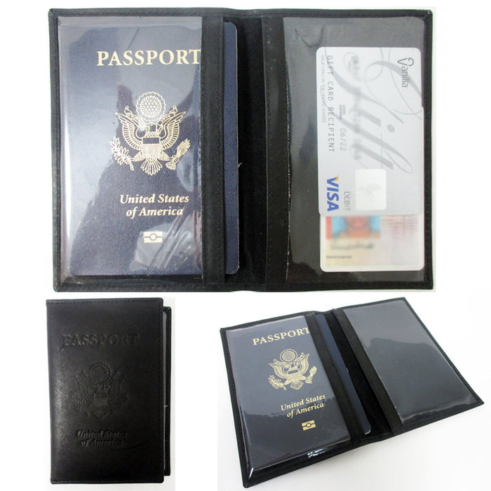 US Passport Cover Black Leather Embossed Organizer Travel Wallet ID Card Holder